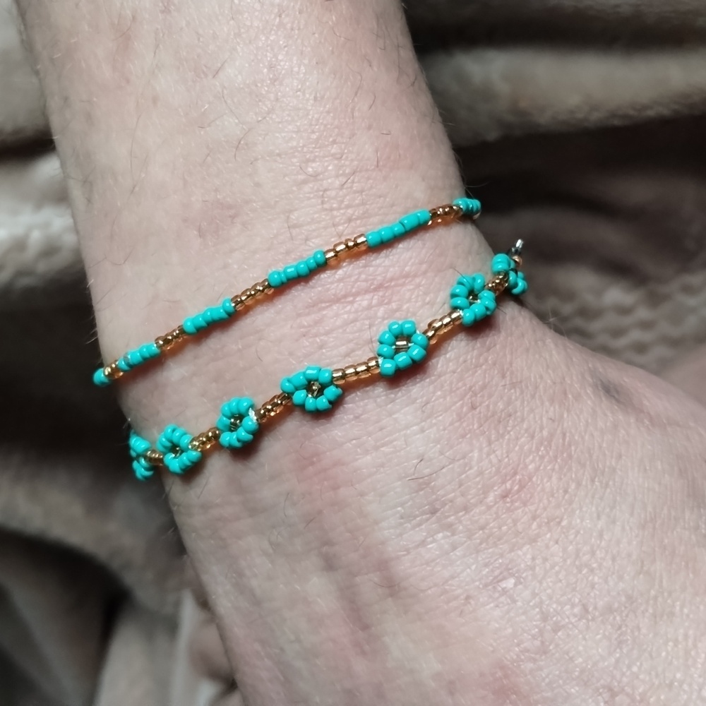 Teal and gold handmade daisy bracelet set